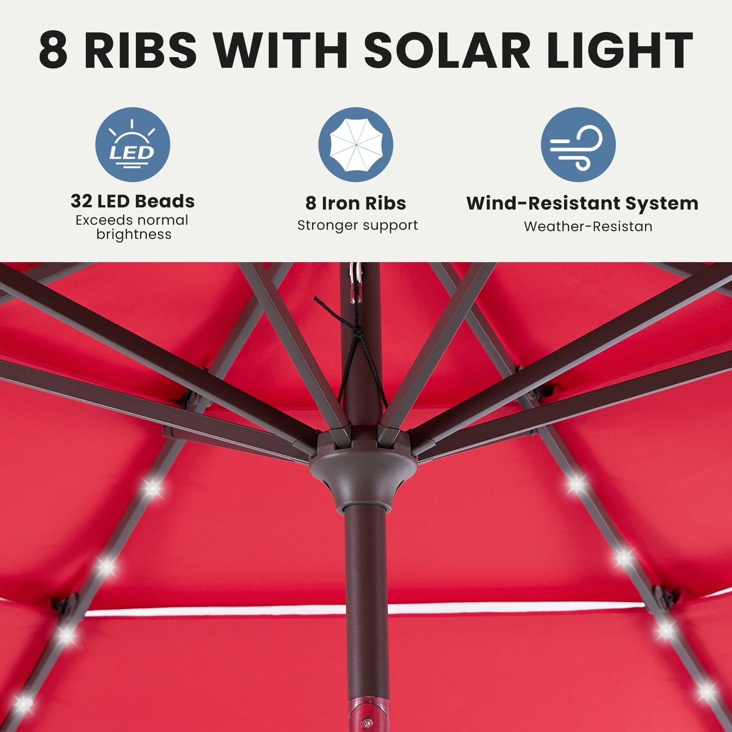 Solar Patio Umbrella With 32 LED Lights For Outdoor Shade