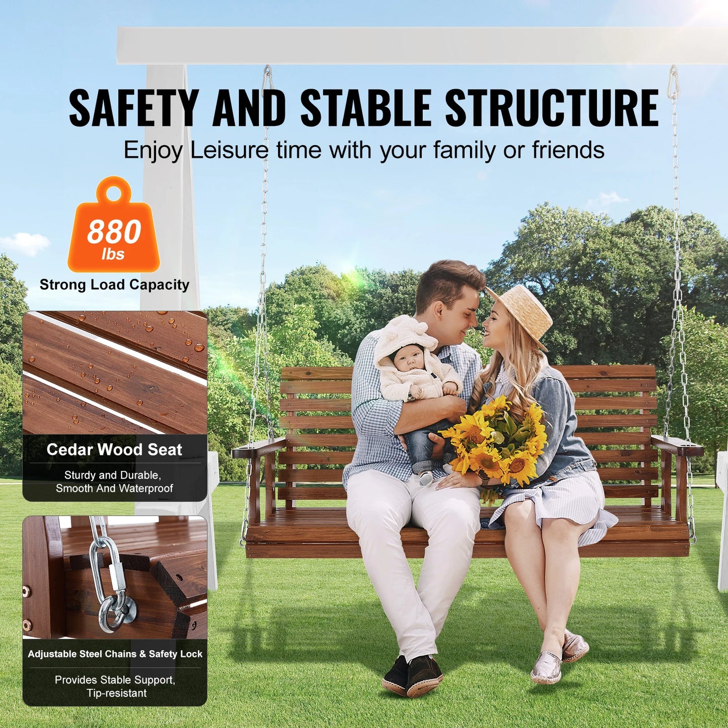 SucceBuy Cedar Wood Porch Swing Outdoor Bench With Steel Chains 880 LB Capacity