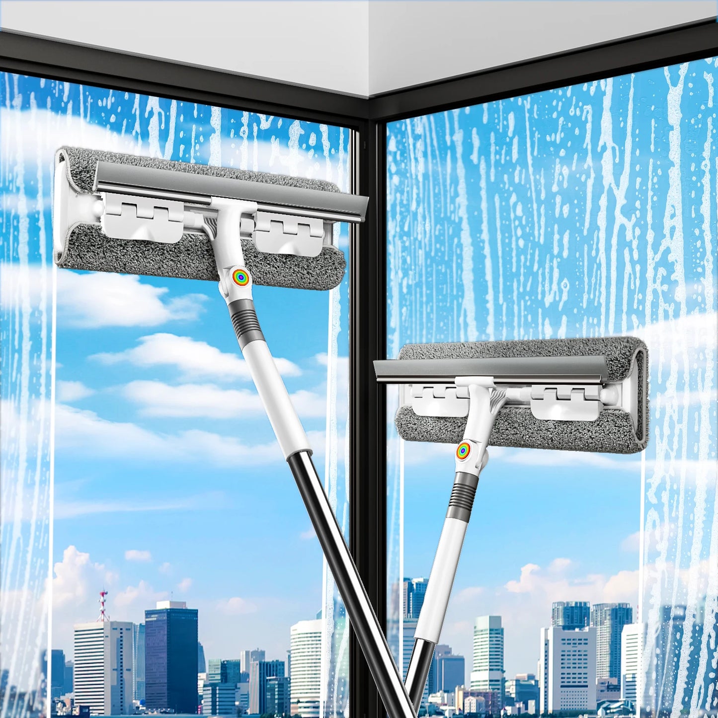 Joybos 2-in-1 Window Squeegee With Extendable Pole And Microfiber Pad