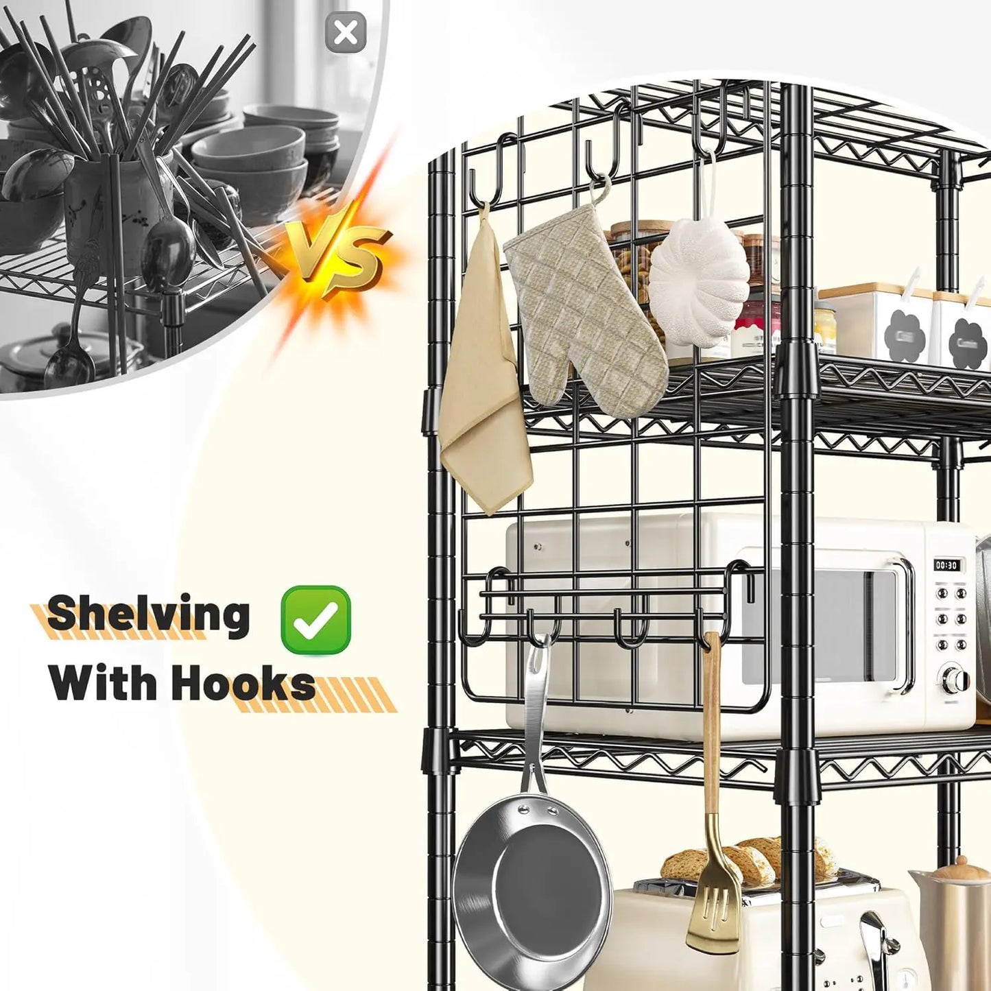 5 Tier Stainless Steel Shelving With Side Hanging Net Hooks For Kitchen