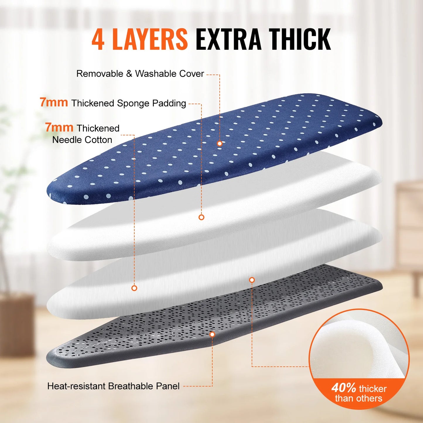 Full Size Ironing Board Height Adjustable Foldable Legs Removable Cover