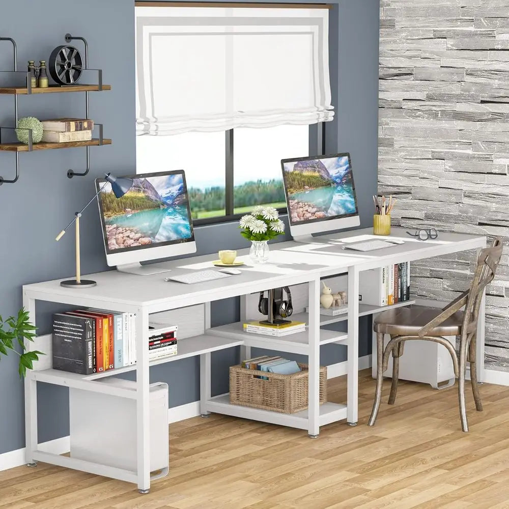 DAFIFY Rustic Double Computer Desk For Two With Shelf