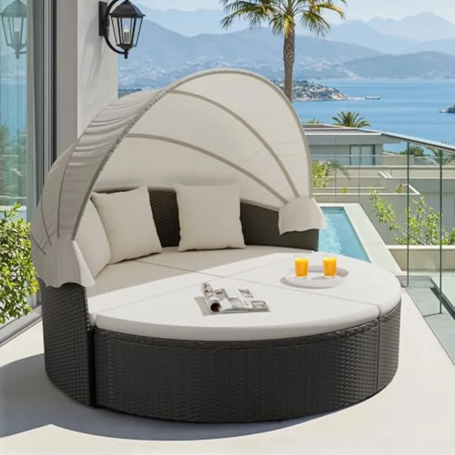 MDNG Outdoor Patio Round Daybed With Retractable Wicker Canopy