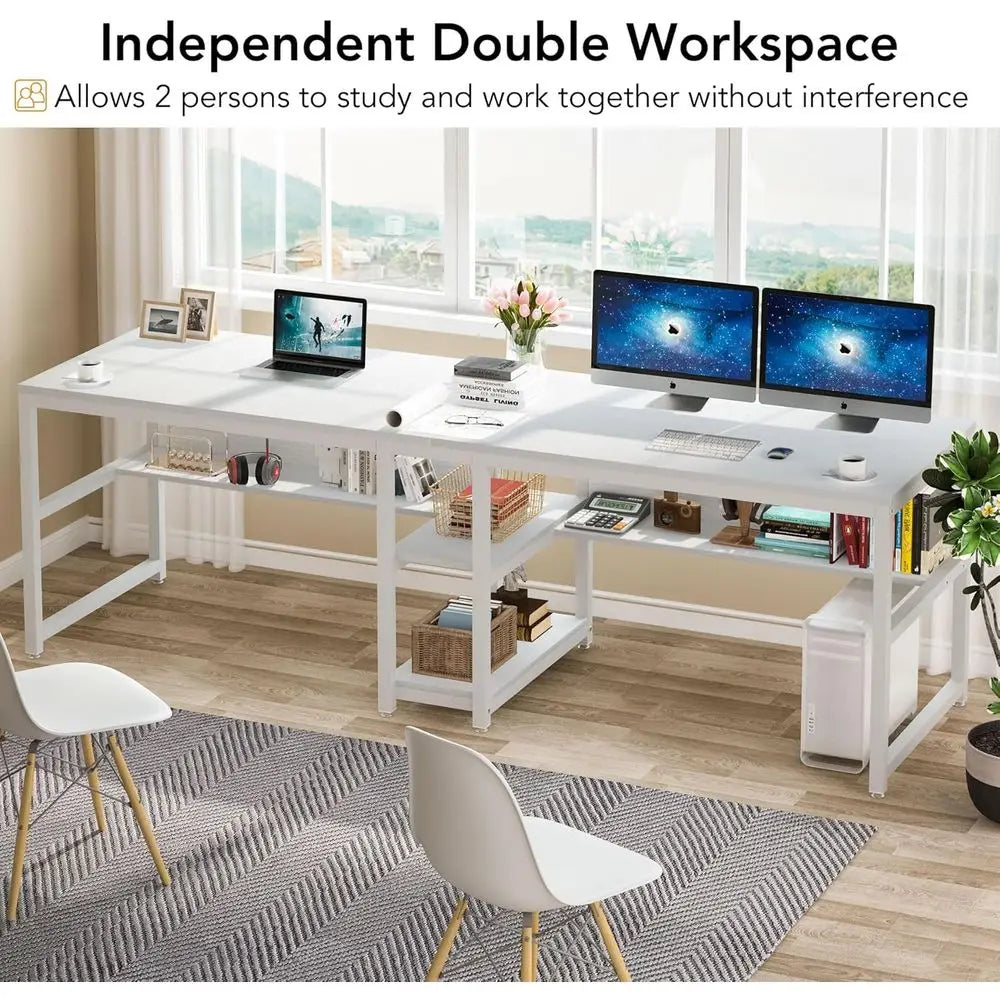 DAFIFY Rustic Double Computer Desk For Two With Shelf