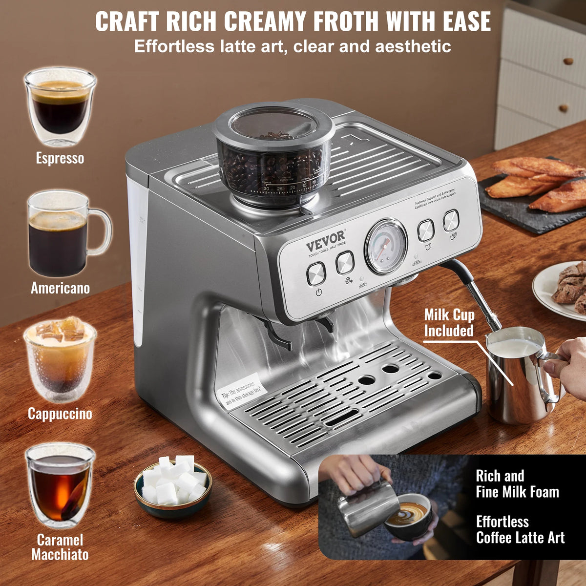VeVOR 15 Bar Semi Automatic Espresso Coffee Maker With Grinder