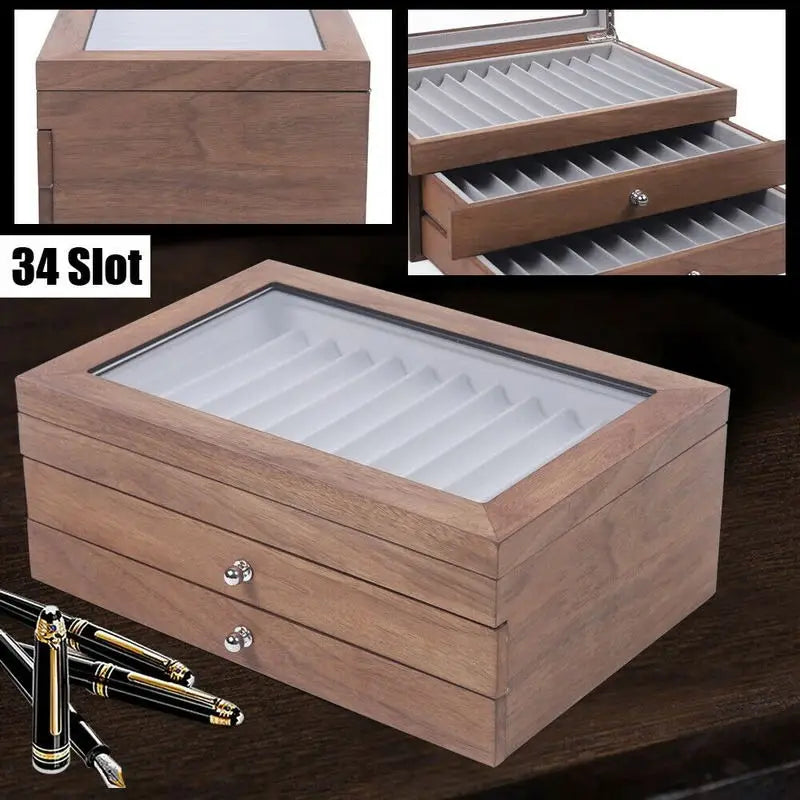 Pen Storage Case 34 Slots Wood Cabinet With Drawer