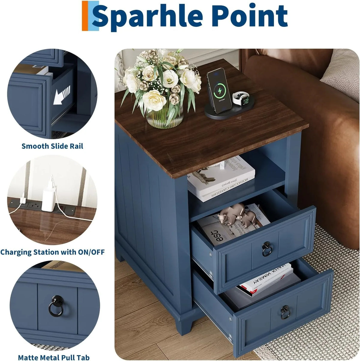 ANIXOL Modern Fluted Nightstand With USB Charging Station