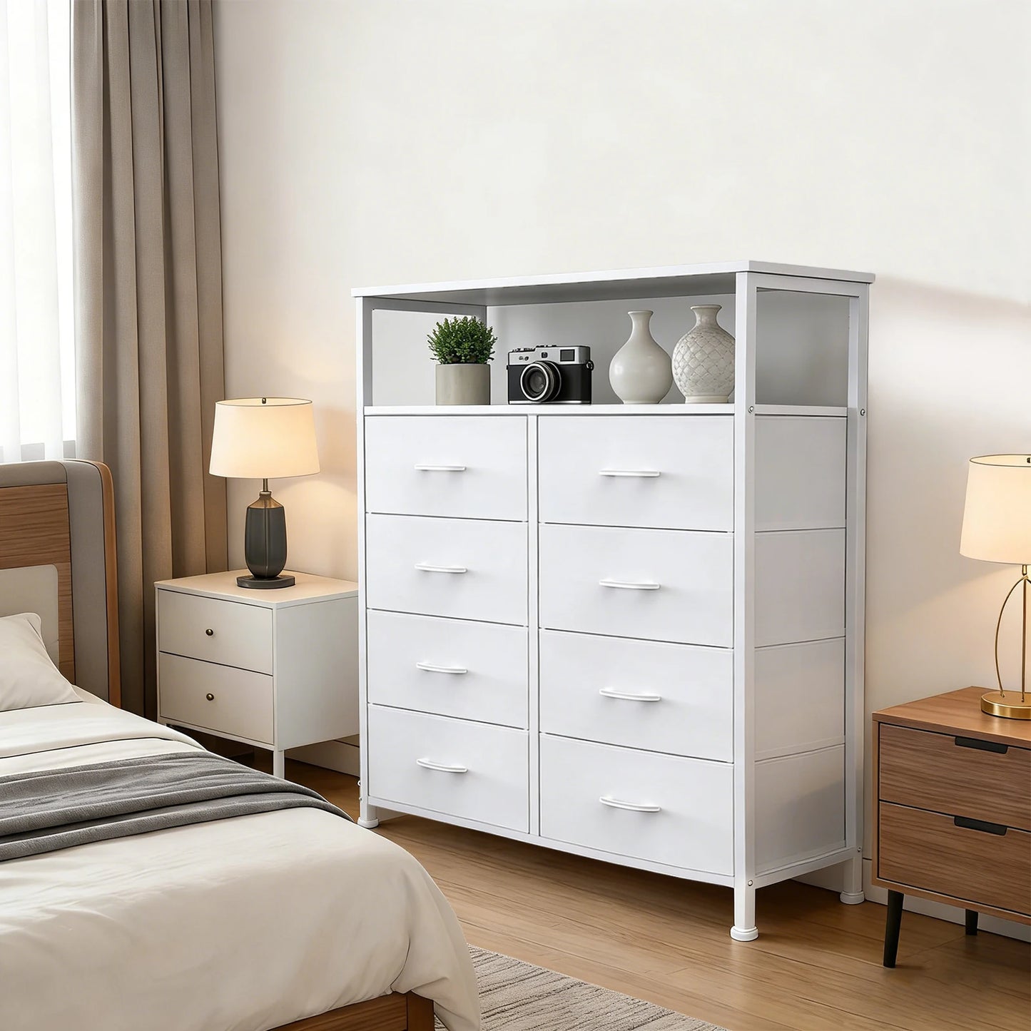 MCQ Wood TV Stand With Charging Station And Fabric Drawers