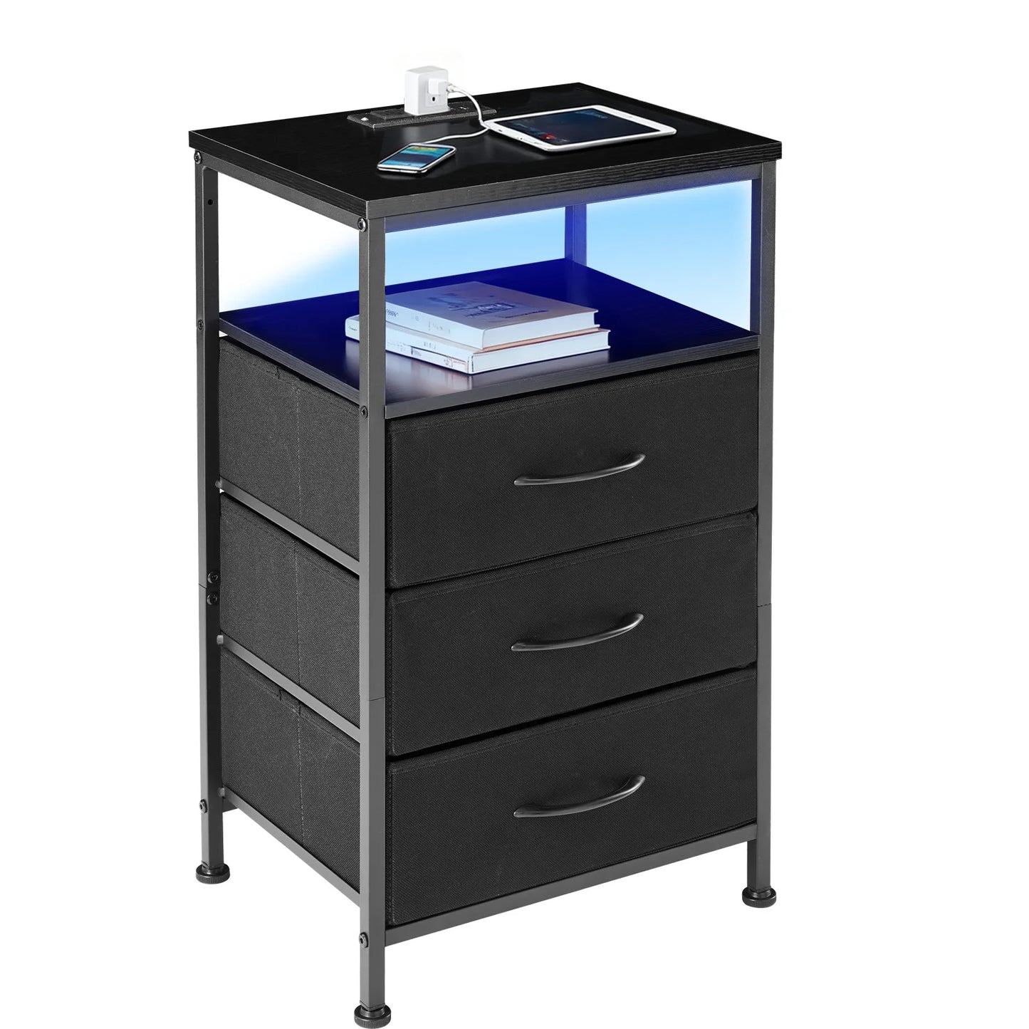 MCQ 3 Fabric Drawers Cabinet With LED Charging Station Nightstand