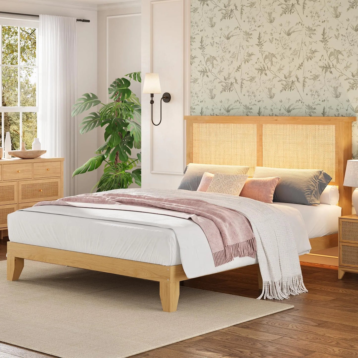 Rattan Bed Frame With LED Lights Boho Platform Bed