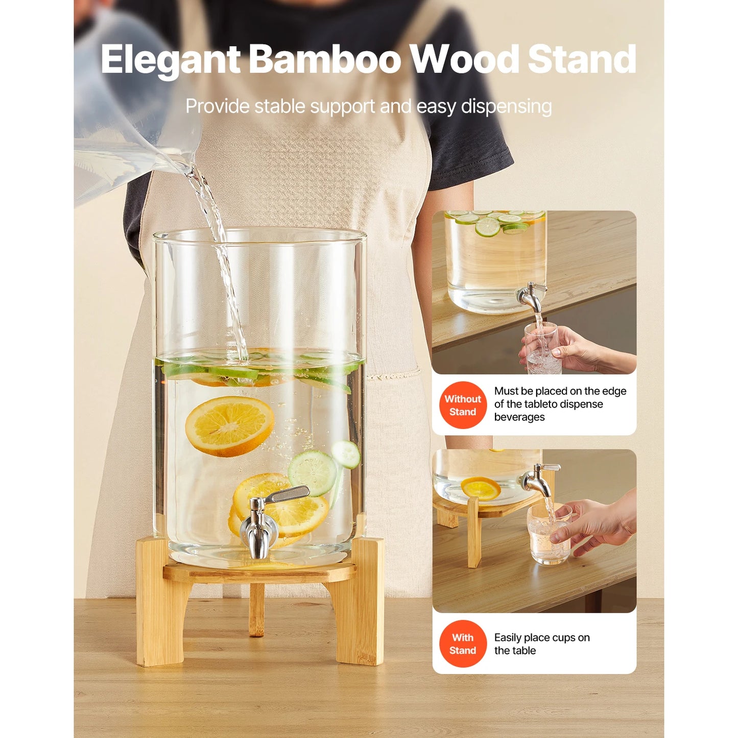 SucceBuy Glass Beverage Dispenser With Wood Stand For Parties