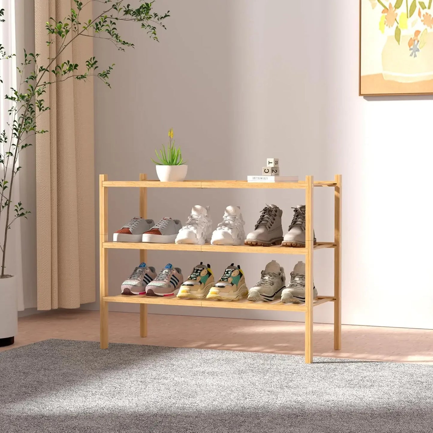3 Tier Bamboo Shoe Rack Free Standing Organizer For Entryway