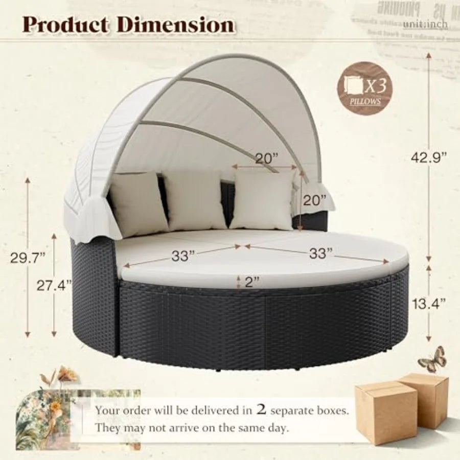 MDNG Outdoor Patio Round Daybed With Retractable Wicker Canopy