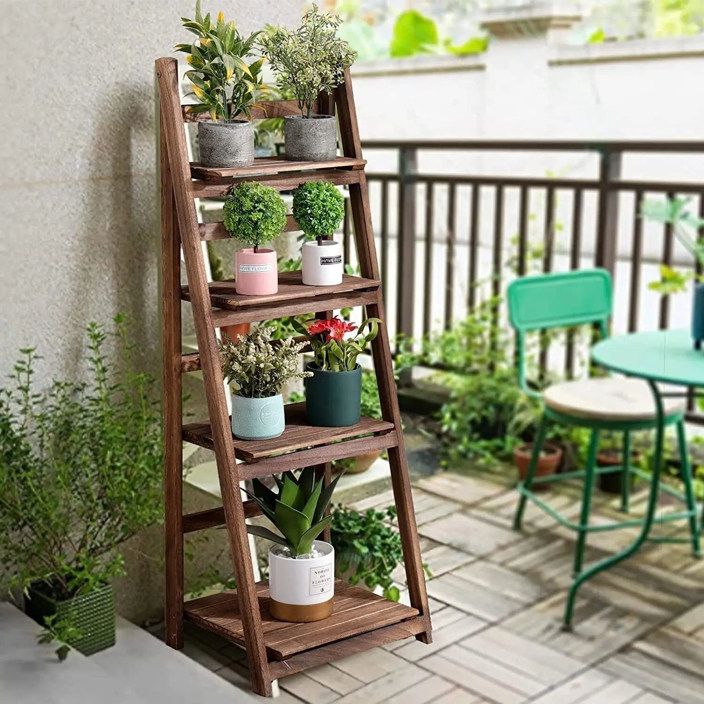 Folding Four Tier Ladder Shelf Wooden Display Rack For Home