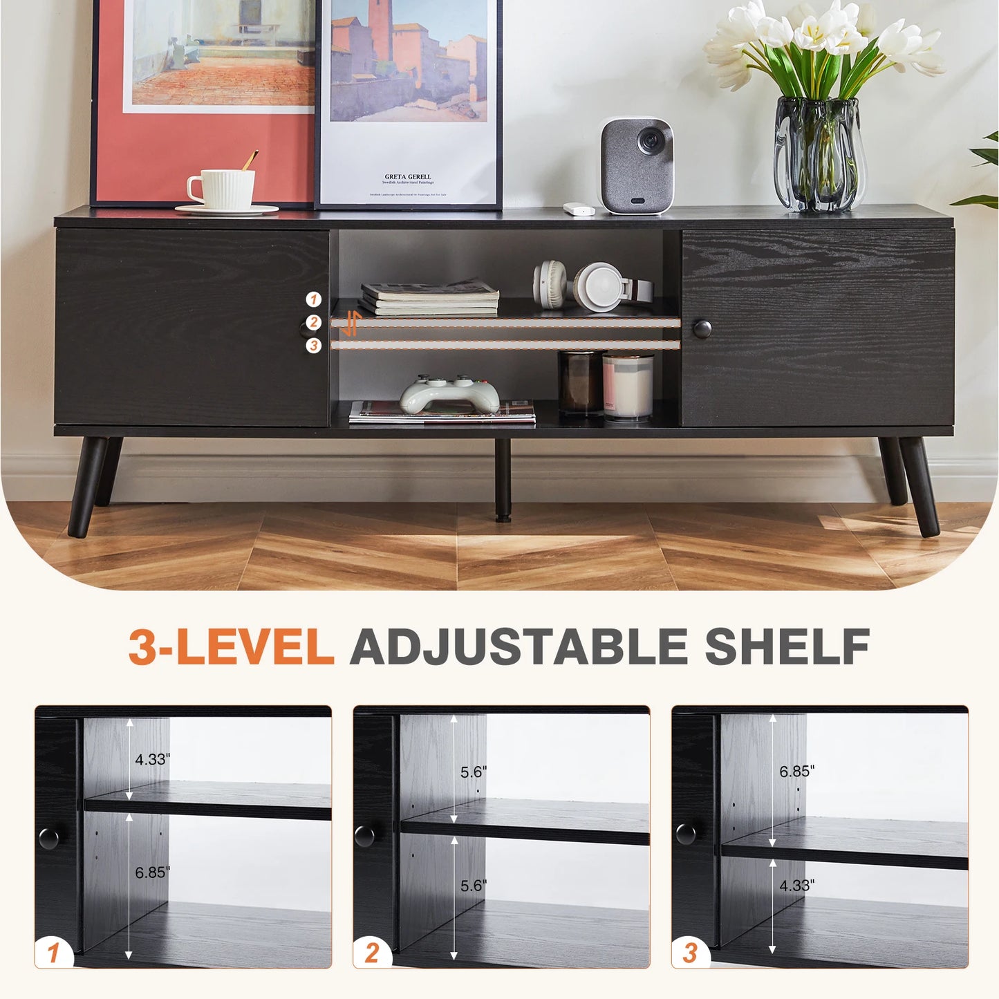 JHK Wooden Fireplace TV Stand Entertainment Center With Adjustable Shelves