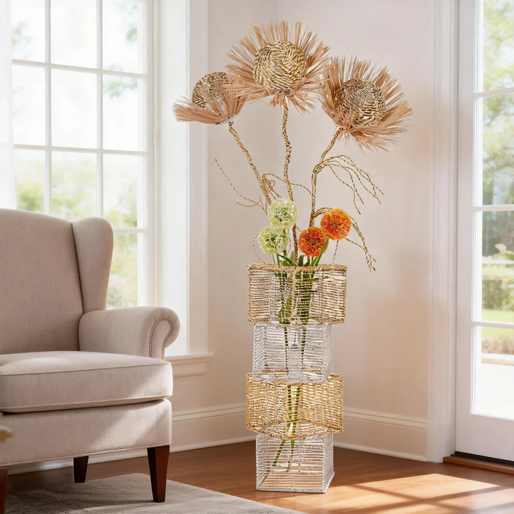 Modern Rattan Floor Lamp Featuring Dimmable LED And Flower Design