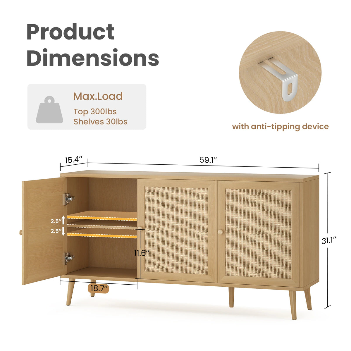 Farini Rattan Sideboard Cabinet Mid Century Modern Dining Storage Console