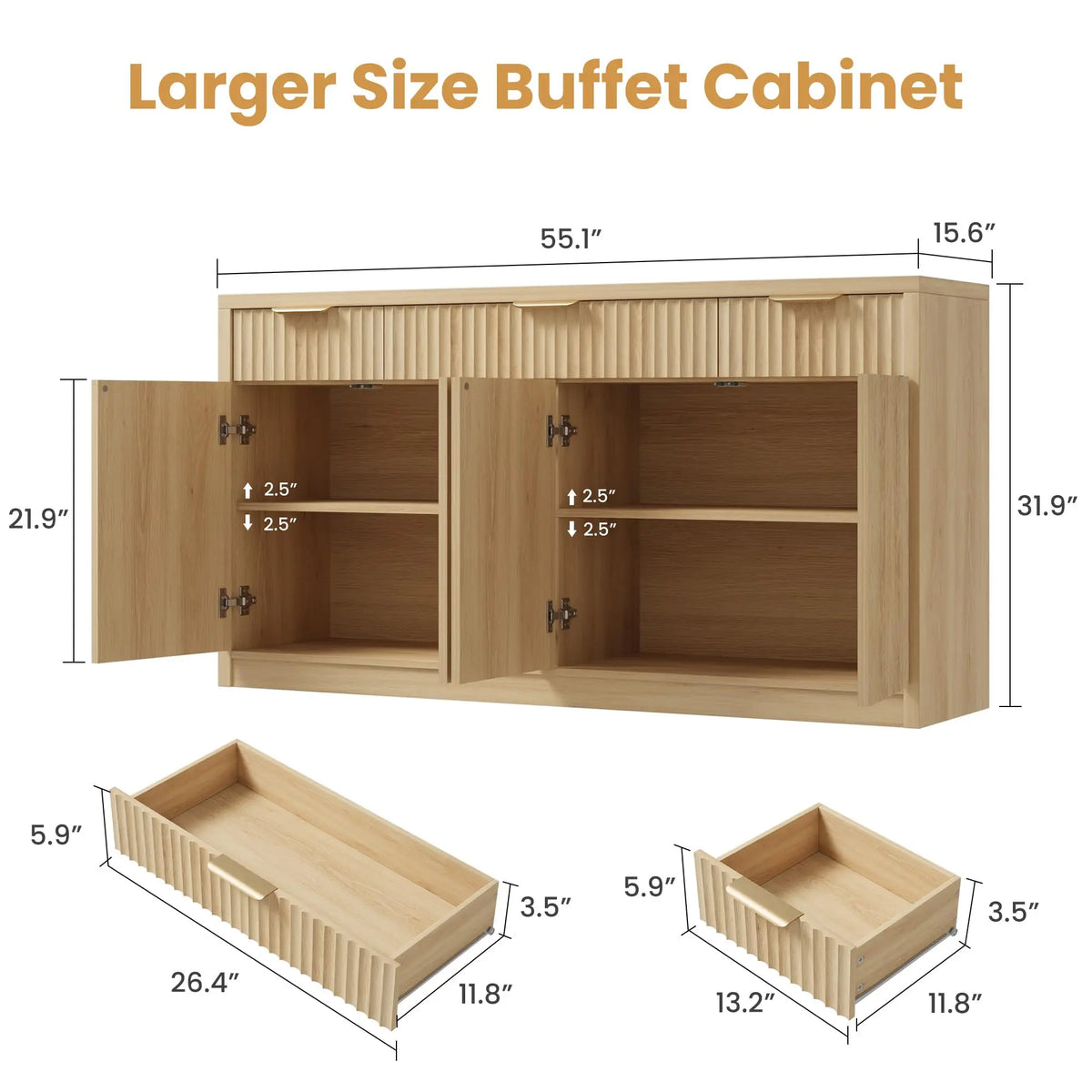 HiMISS Fluted Buffet Sideboard Cabinet With Drawers, Doors And Shelves