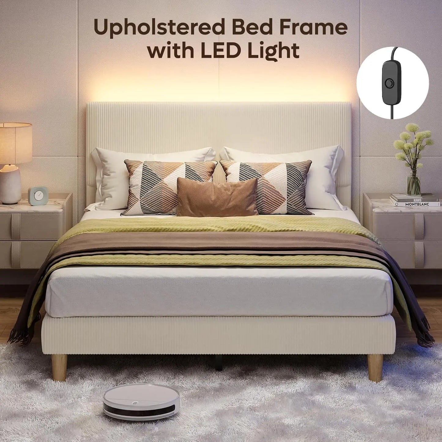Bed Frame With Headboard And LED Lighting Wooden Slats Support
