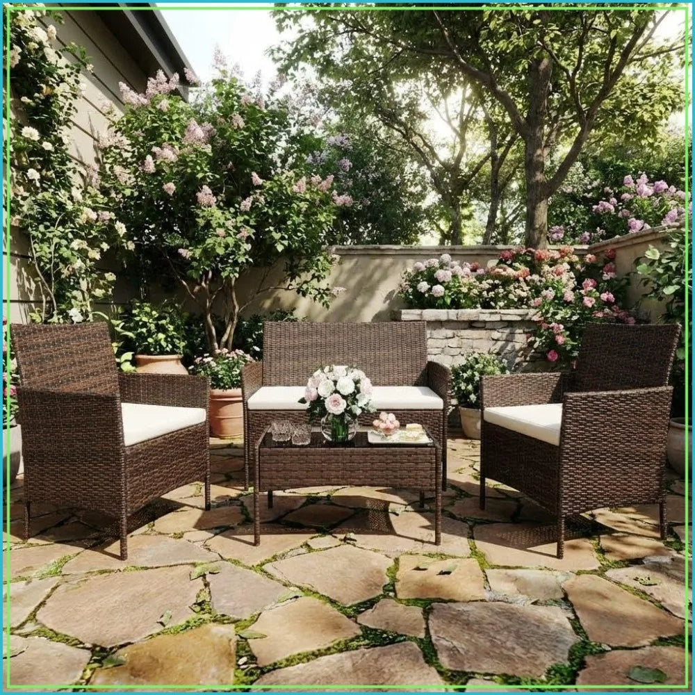 4-Piece Patio Wicker Conversation Set With Tempered Glass Coffee Table