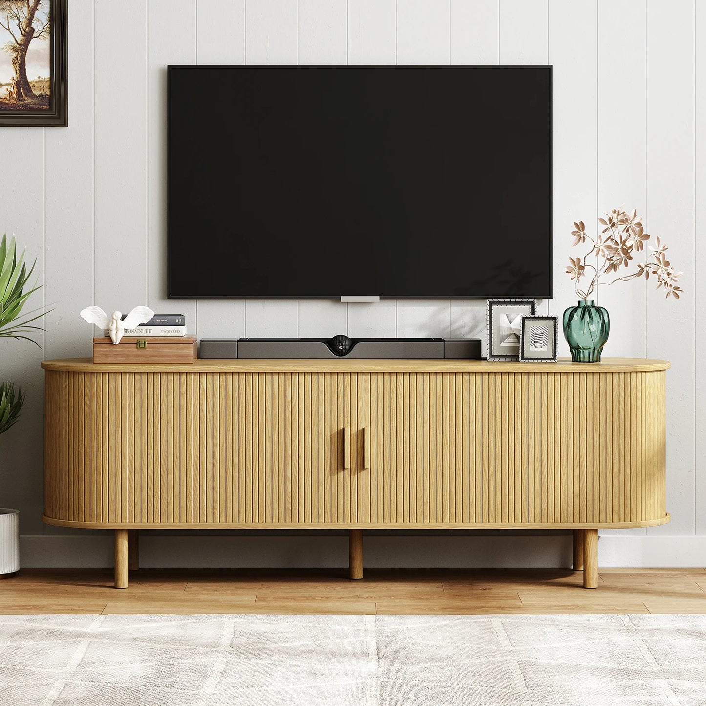 ONBRILL TV Stand With Power Outlet And Sliding Storage Doors
