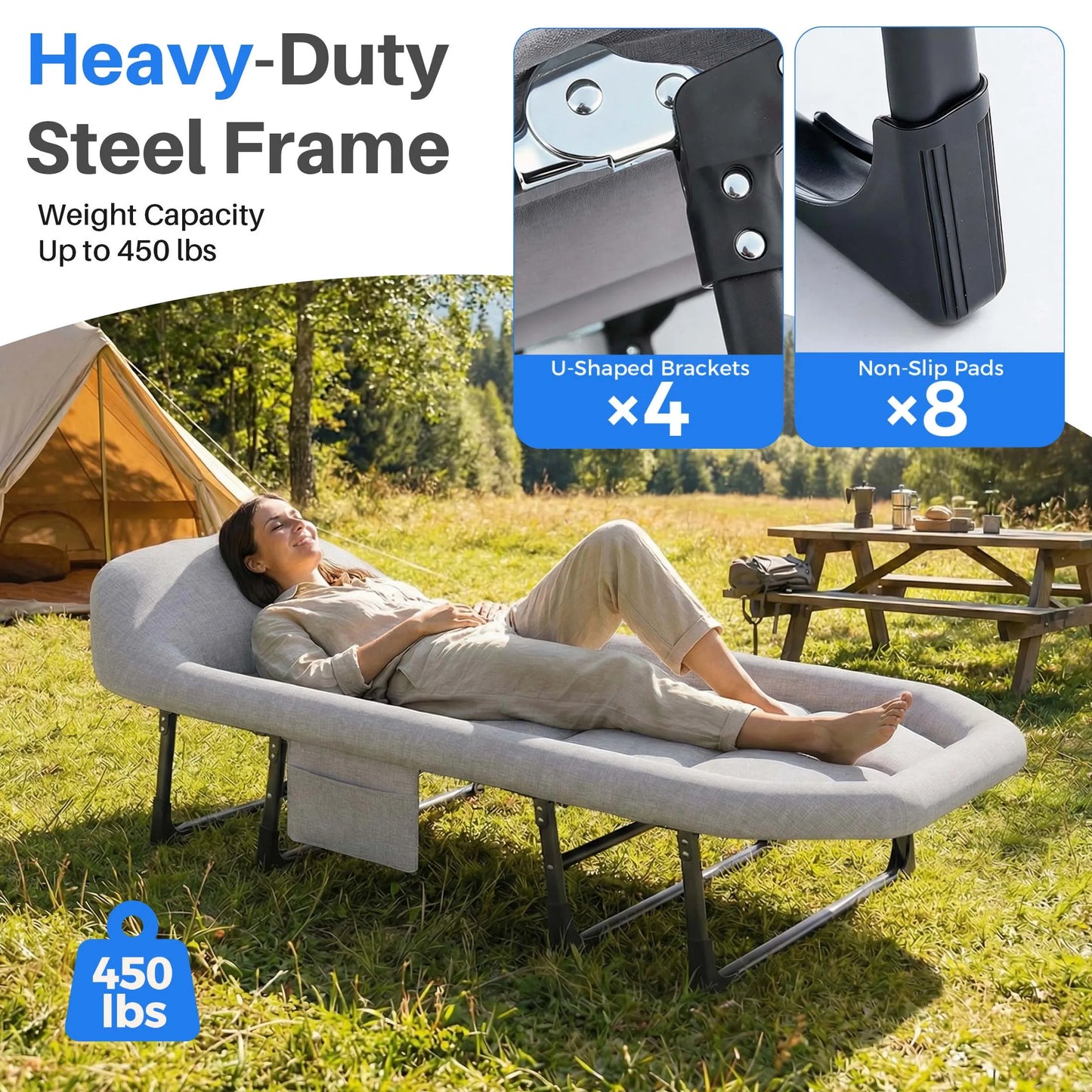 JHK Adjustable Folding Camping Bed With Mattress For Outdoor Use