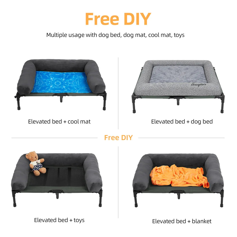 BORWART Outdoor Raised Dog Bed With Cooling Breathable Mat And Plush Mat