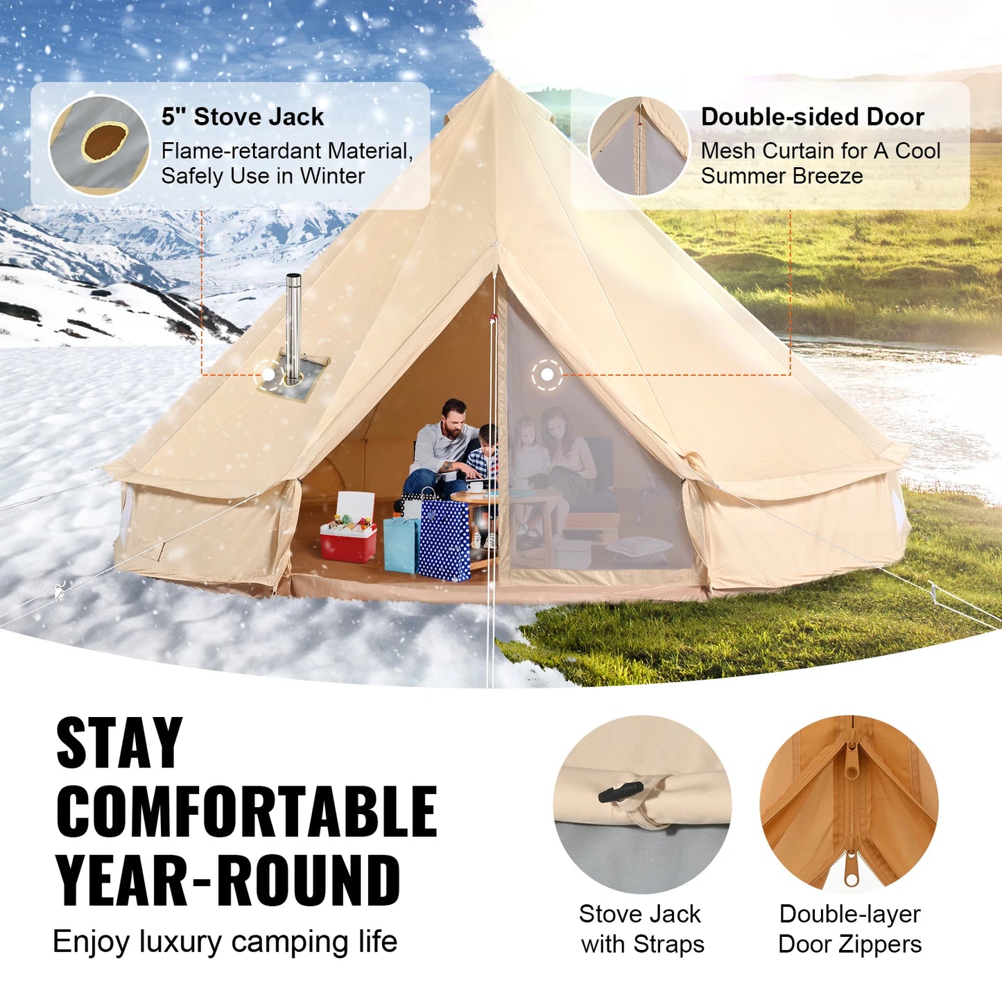 SucceBuy Canvas Bell Tent For Camping With Chimney Vent