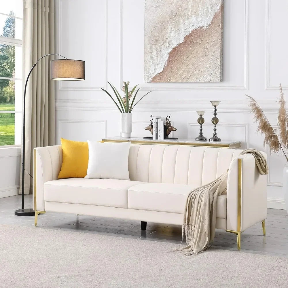 Modern Faux Leather 3 Seater Sofa With Gold Metal Legs