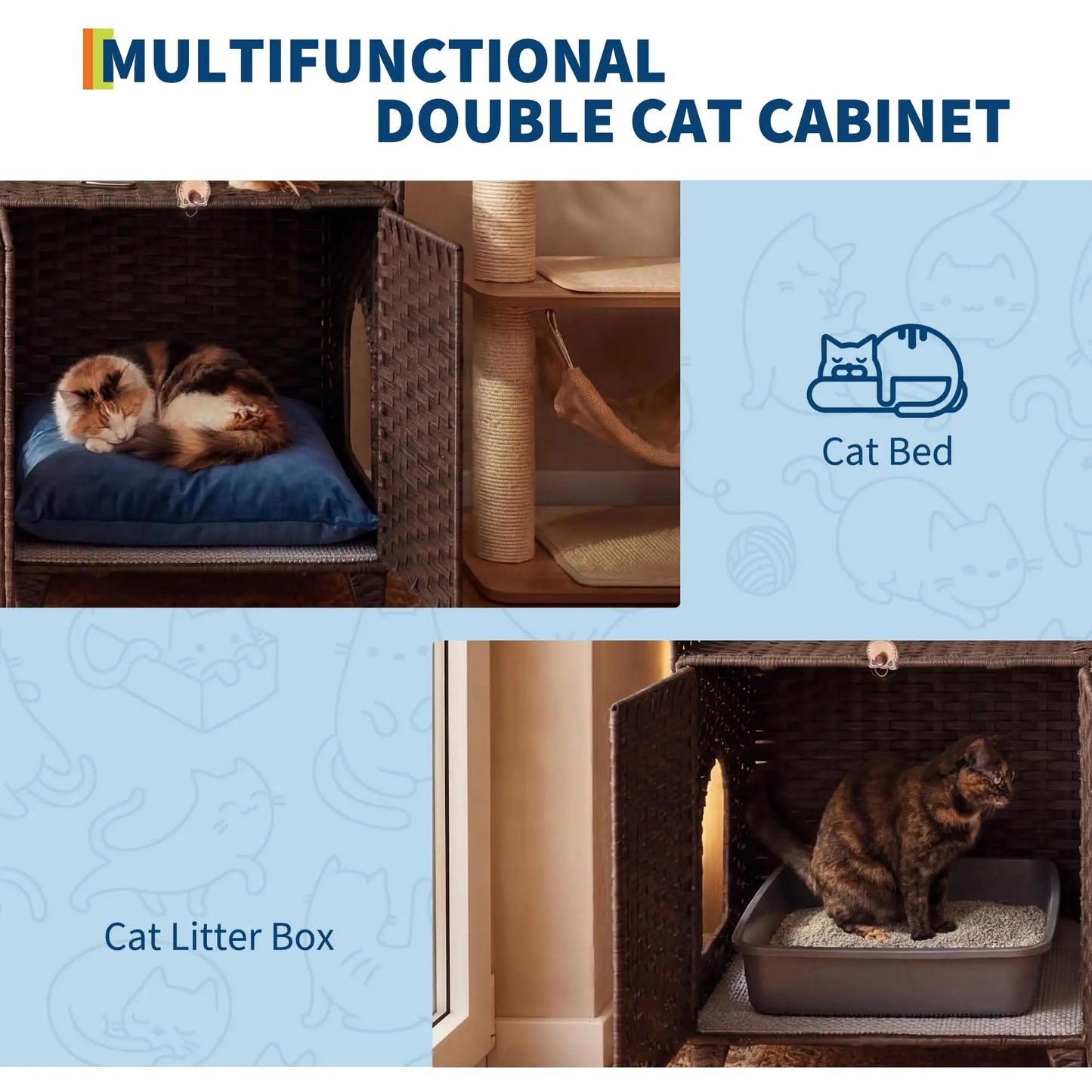 DishyKooker Litter Box Enclosure for Two Cats Rattan Cat Furniture