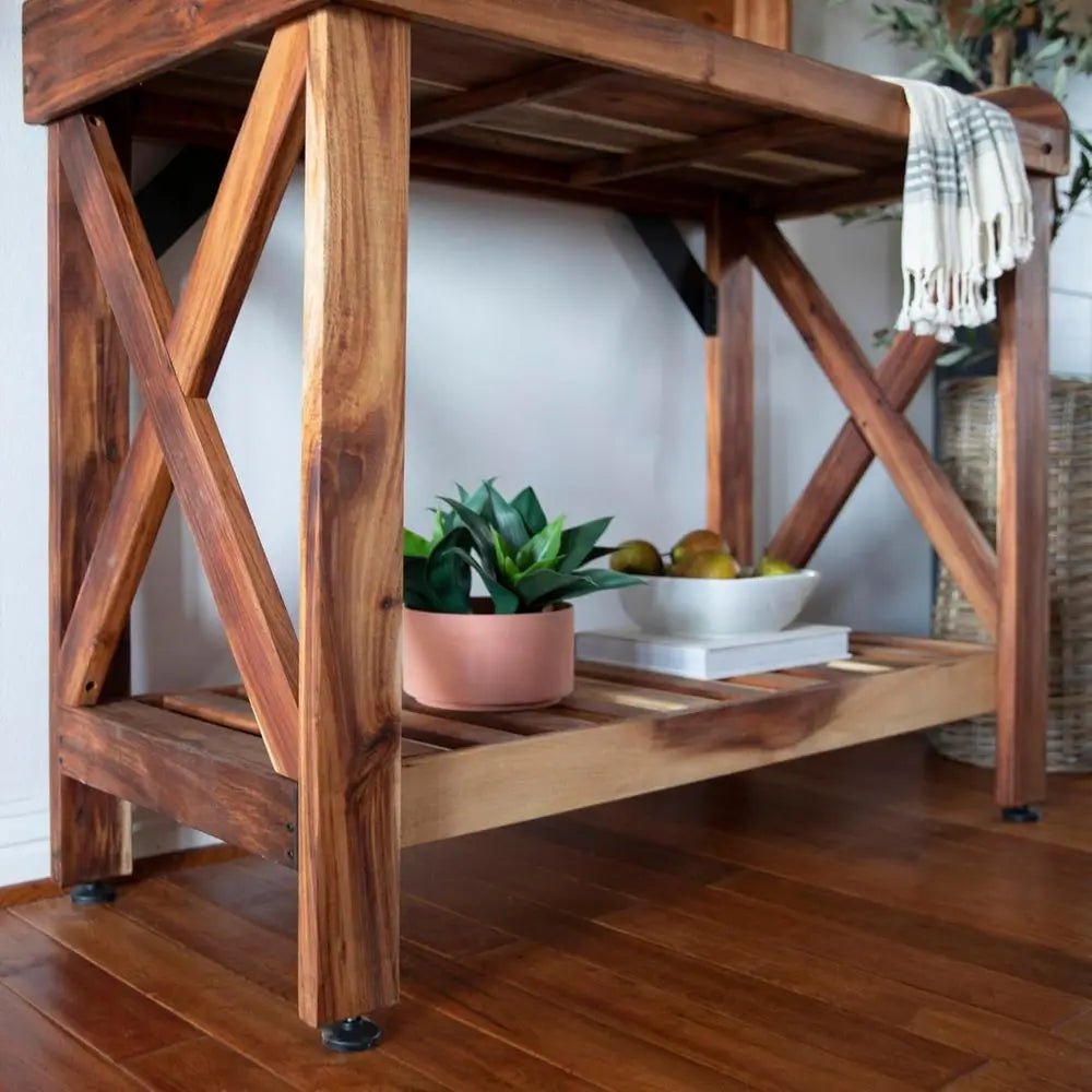 Acacia Wood Garden Potting Bench With Serving Bar Outdoor