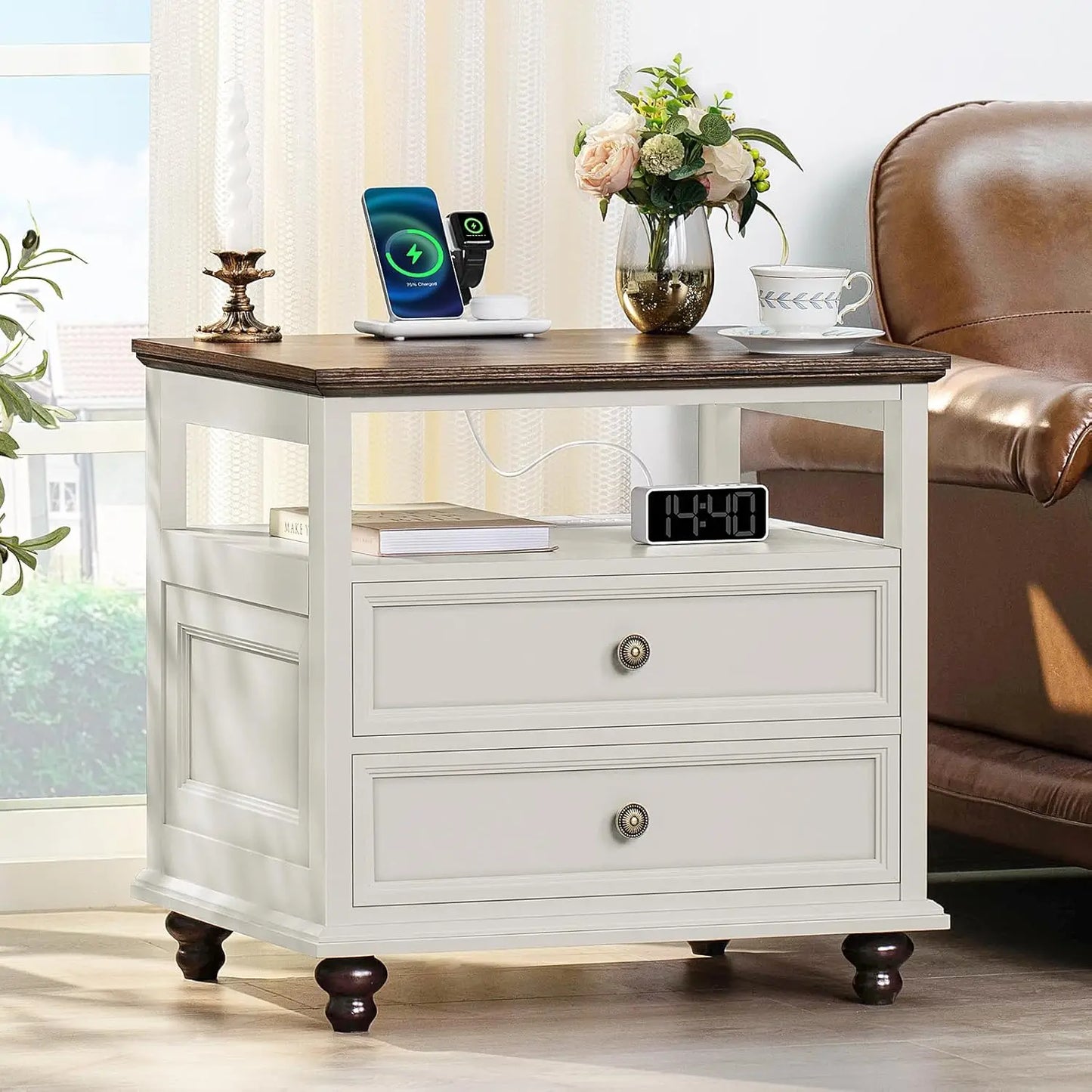 Farmhouse Nightstand With Charging Station