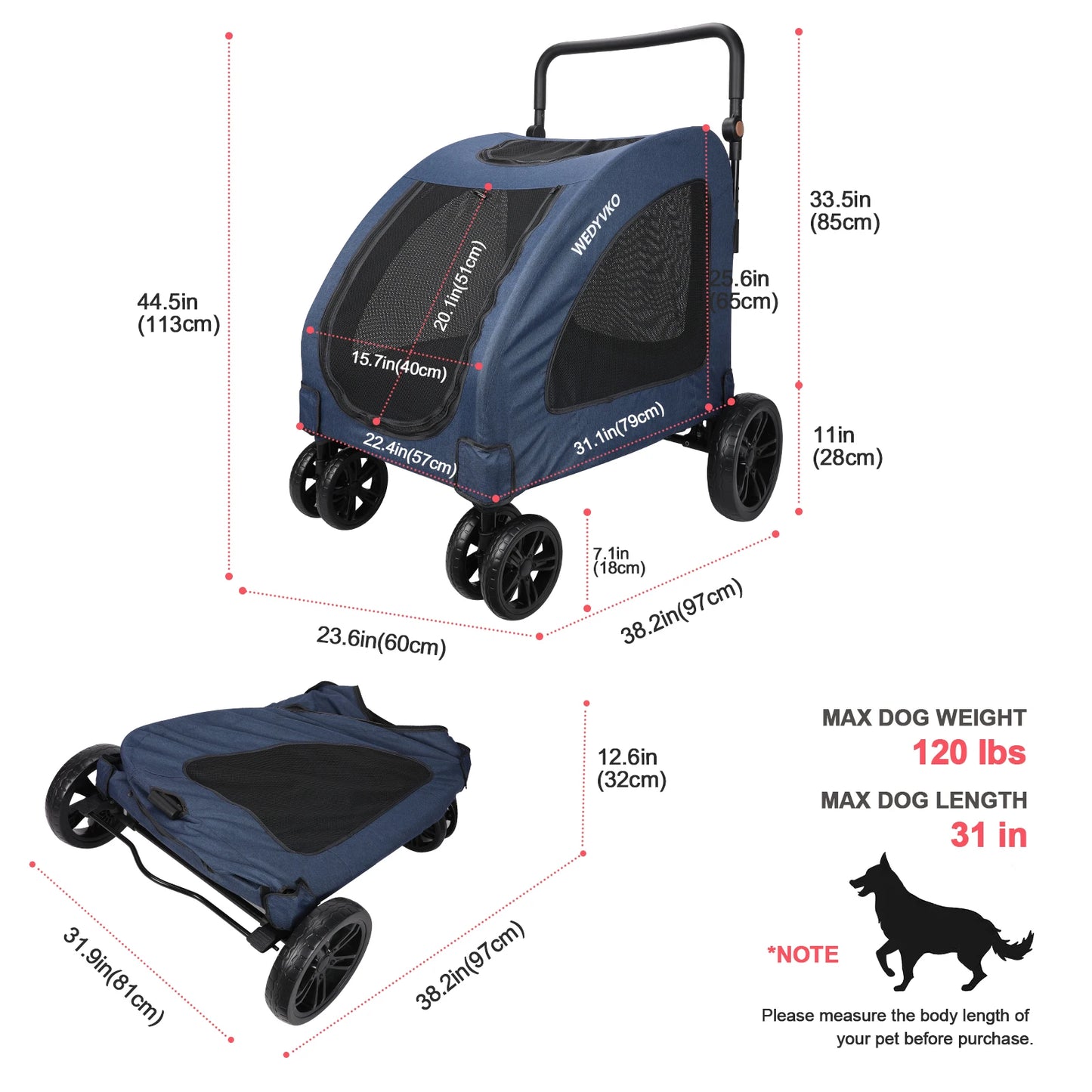 Heavy Duty Large Dog Stroller Foldable Wagon With 360Degree Wheels