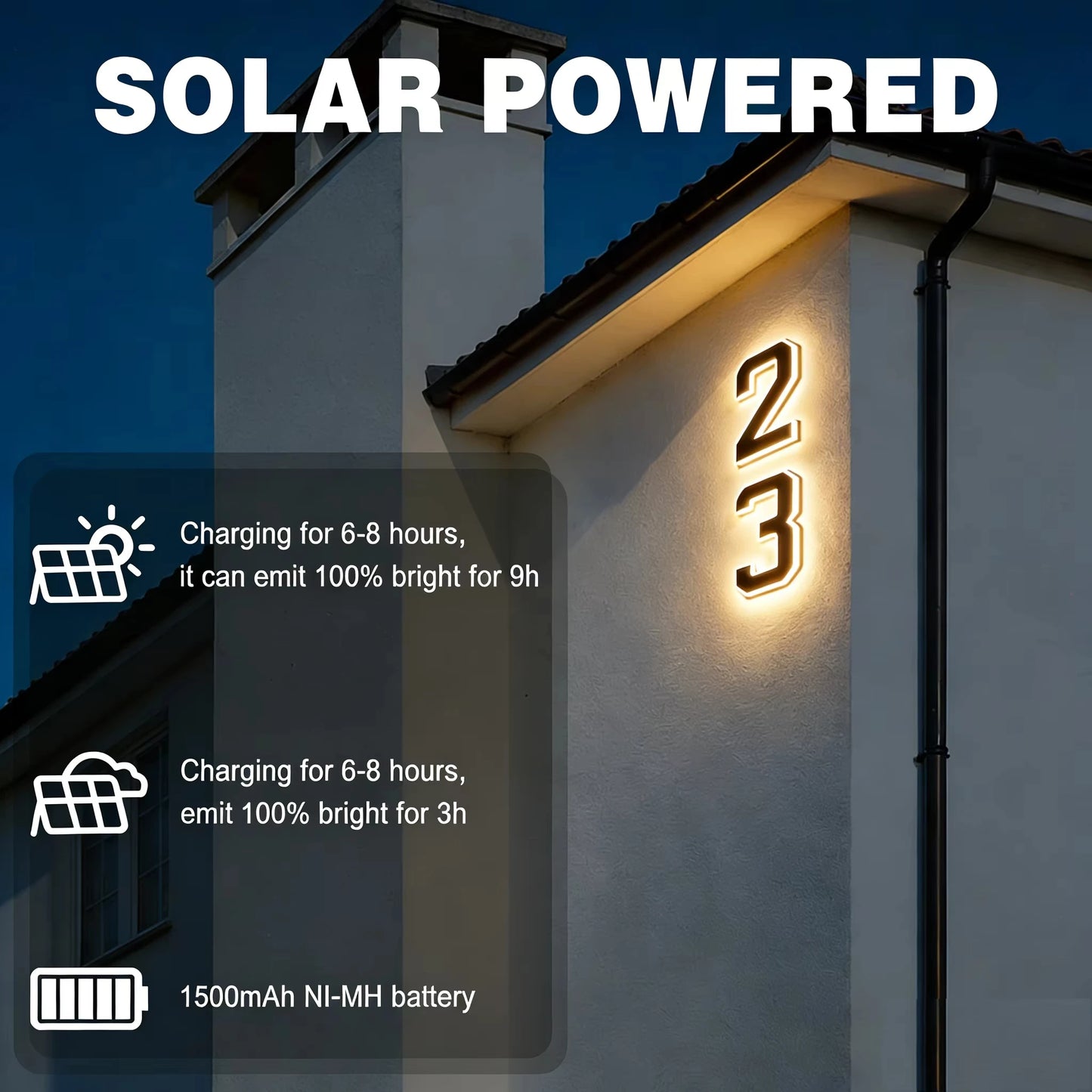 Solar LED House Number Lights Outdoor Address Sign Auto Glow