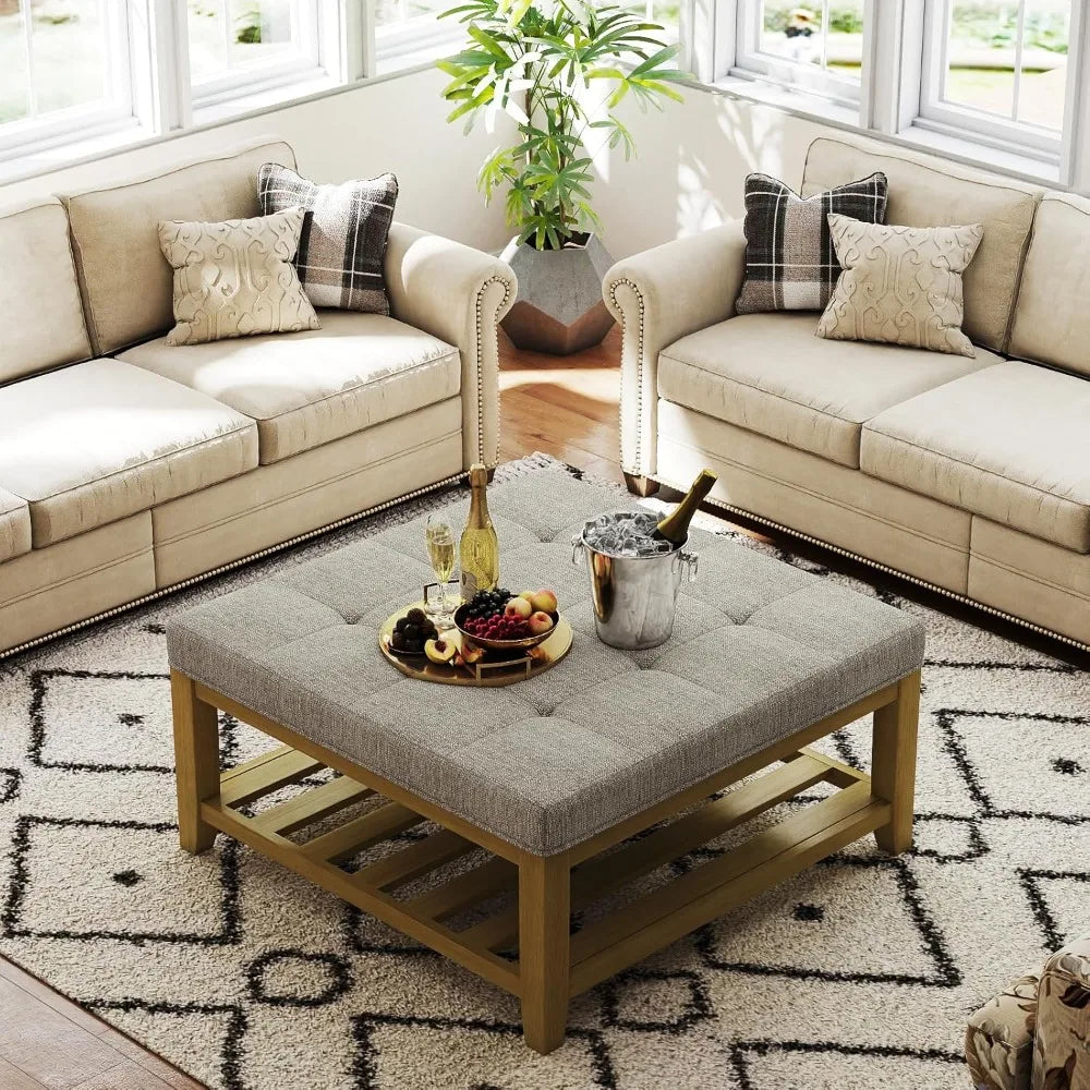 Square Ottoman Coffee Table With Wood Shelf Storage Tufted