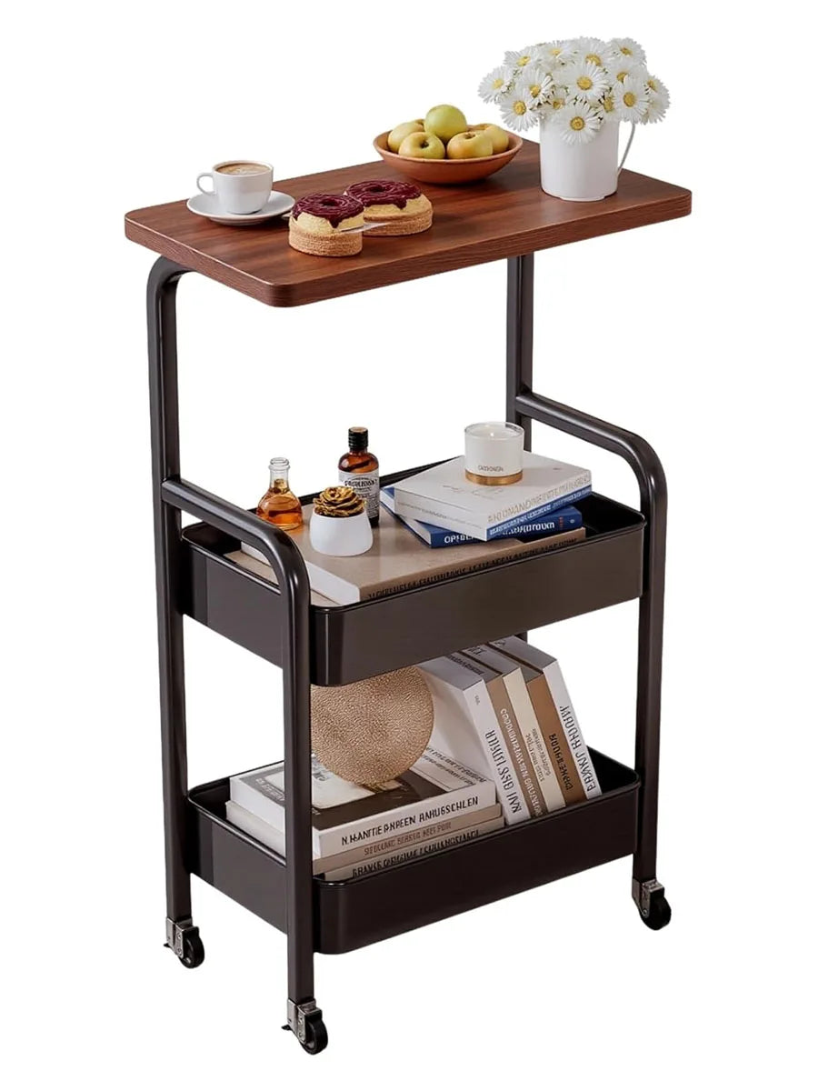 Three-Tier Metal Rolling Storage Cart With Walnut Tabletop
