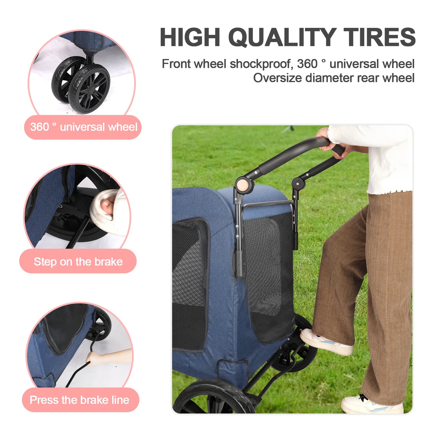 Heavy Duty Large Dog Stroller Foldable Wagon With 360Degree Wheels