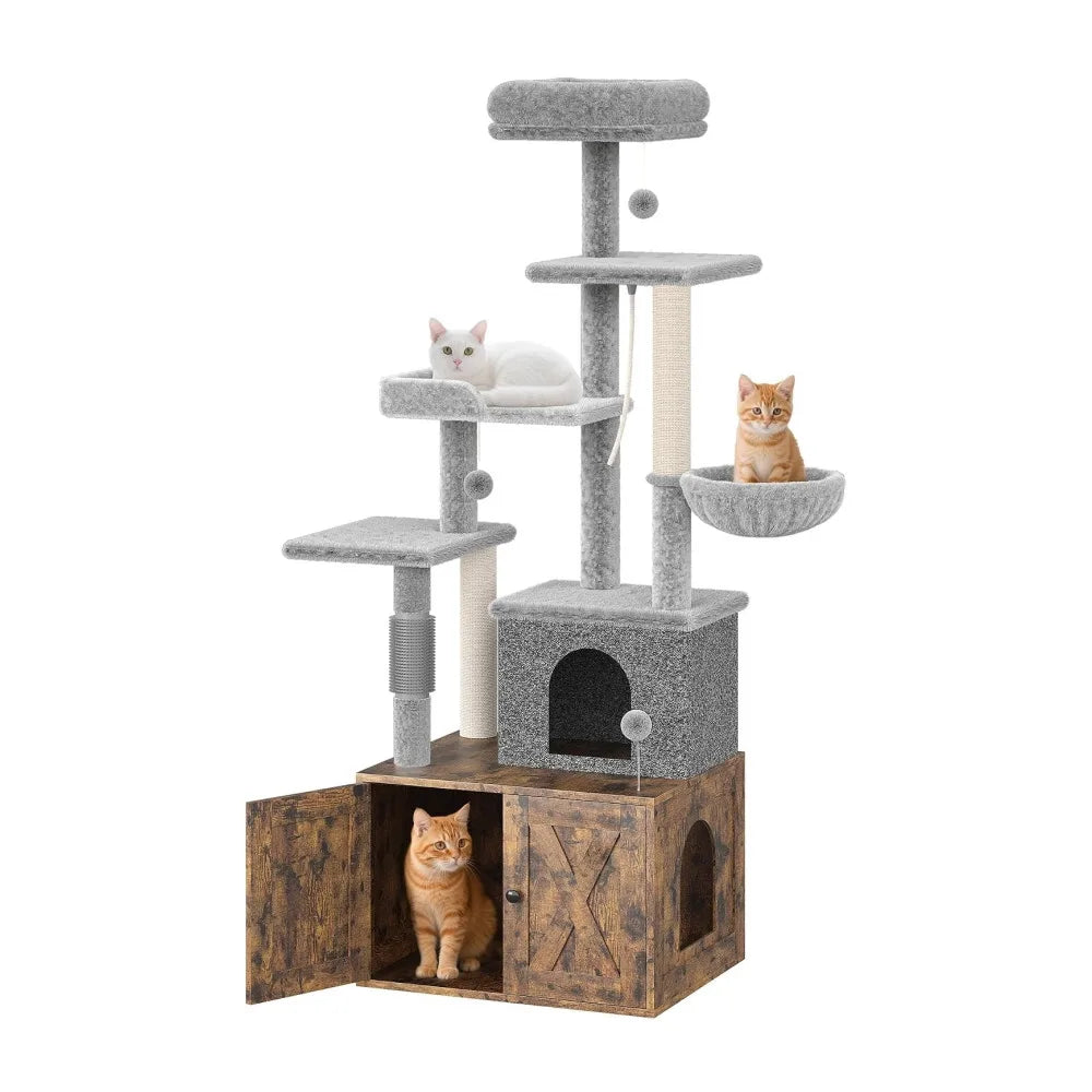 Three In One Modern Cat Tree With Hidden Litter Box Enclosure And Odor Control
