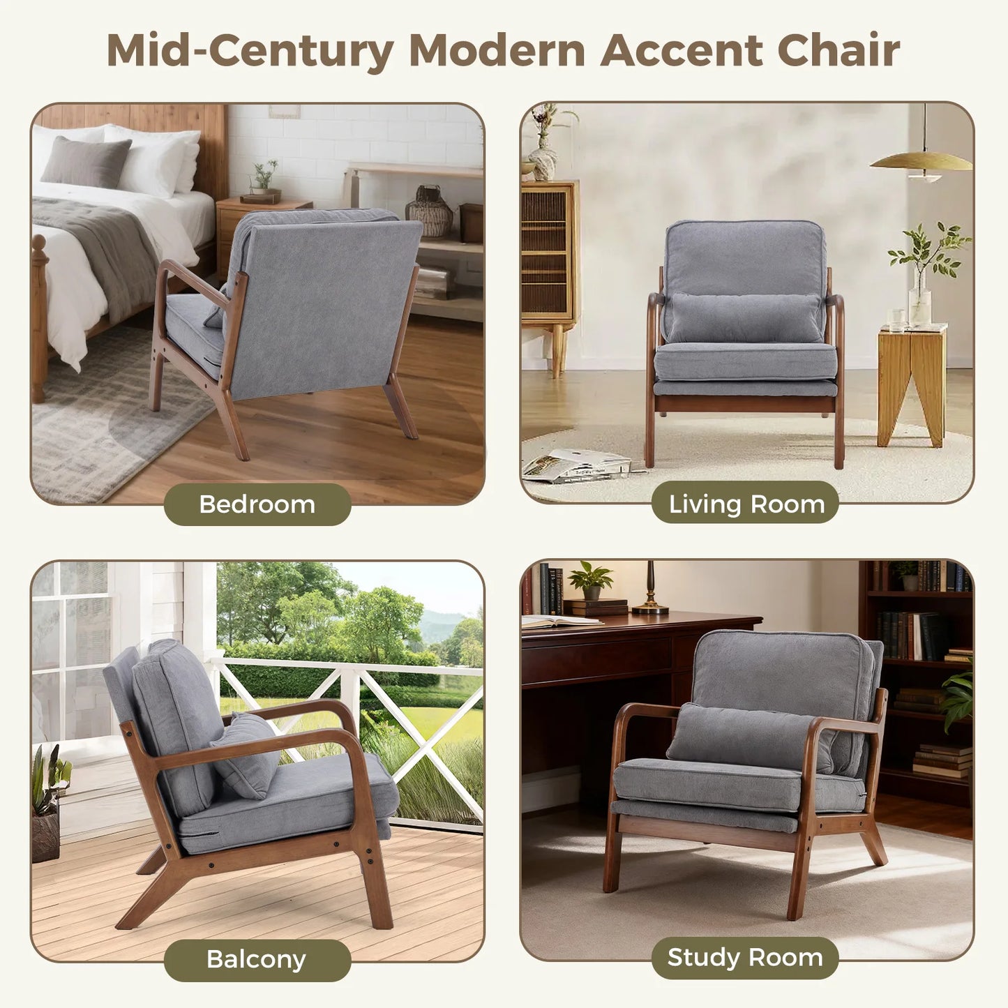 JHK Mid Century Modern Wood Frame Accent Chair With Arms Reading Chair