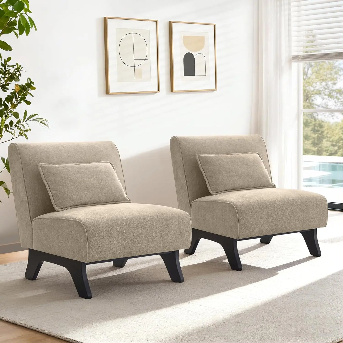 Modern Armless Accent Chair Set of 2, Wooden Legs & Pillows, Comfy Lounge Sofa Side Chair for Living Room, Custom