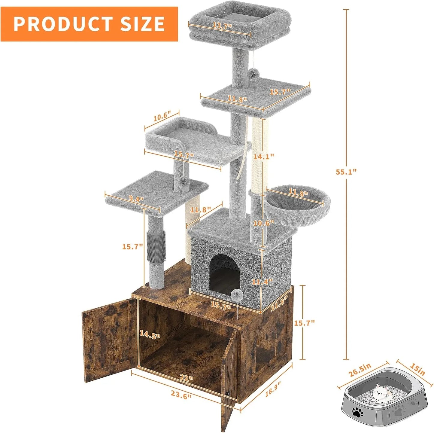 Three In One Modern Cat Tree With Hidden Litter Box Enclosure And Odor Control