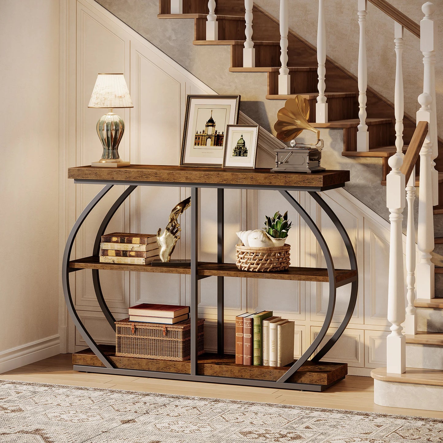 Tribesigns Industrial Console Table Arched Metal Frame With Storage Shelves