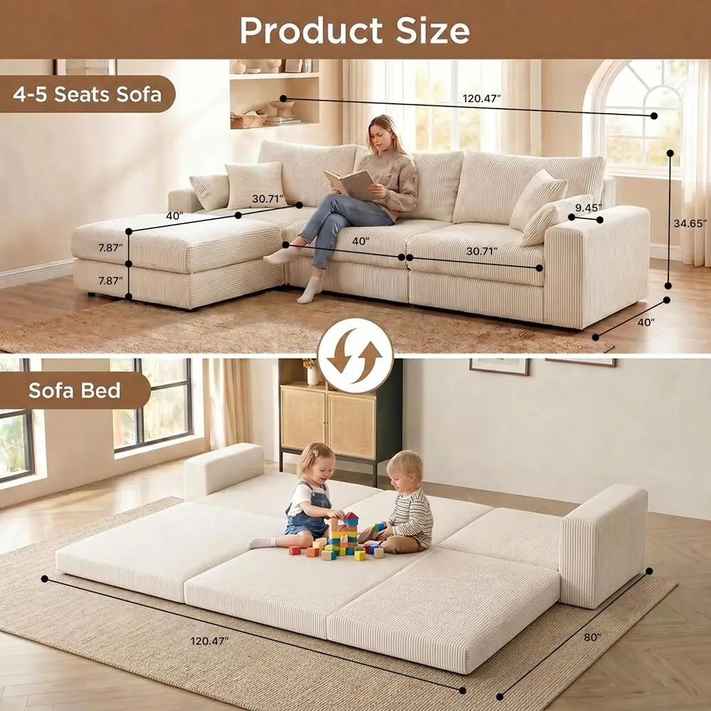 Corduroy L Shaped Chaise Sectional Sofa With Deep Seat