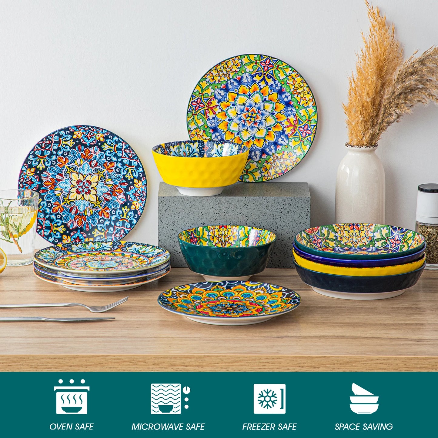 MALACASA Porcelain Dinner Plates Set Floral Round Ceramic