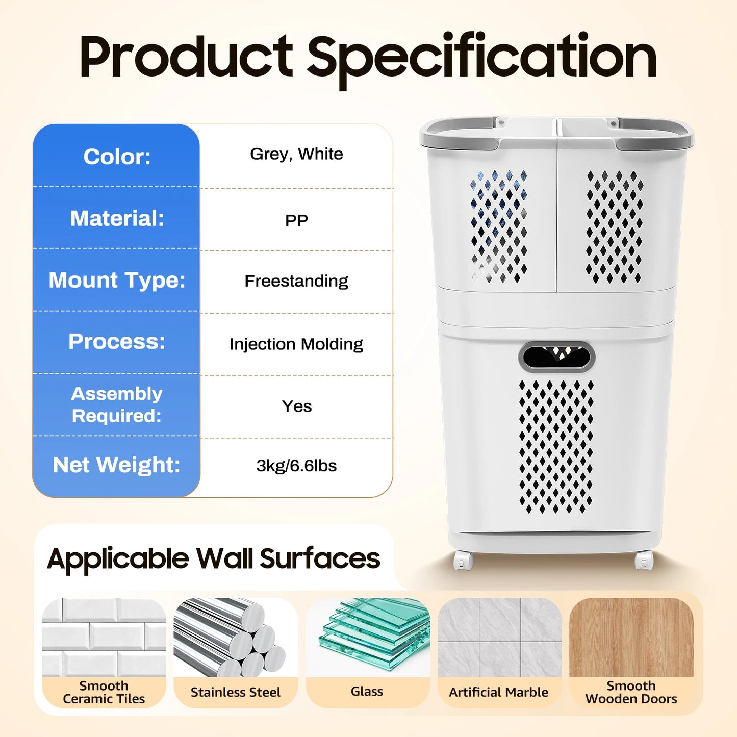 Bymaocar 2 Tier Bathroom Laundry Sorter With Wheels Removable Basket