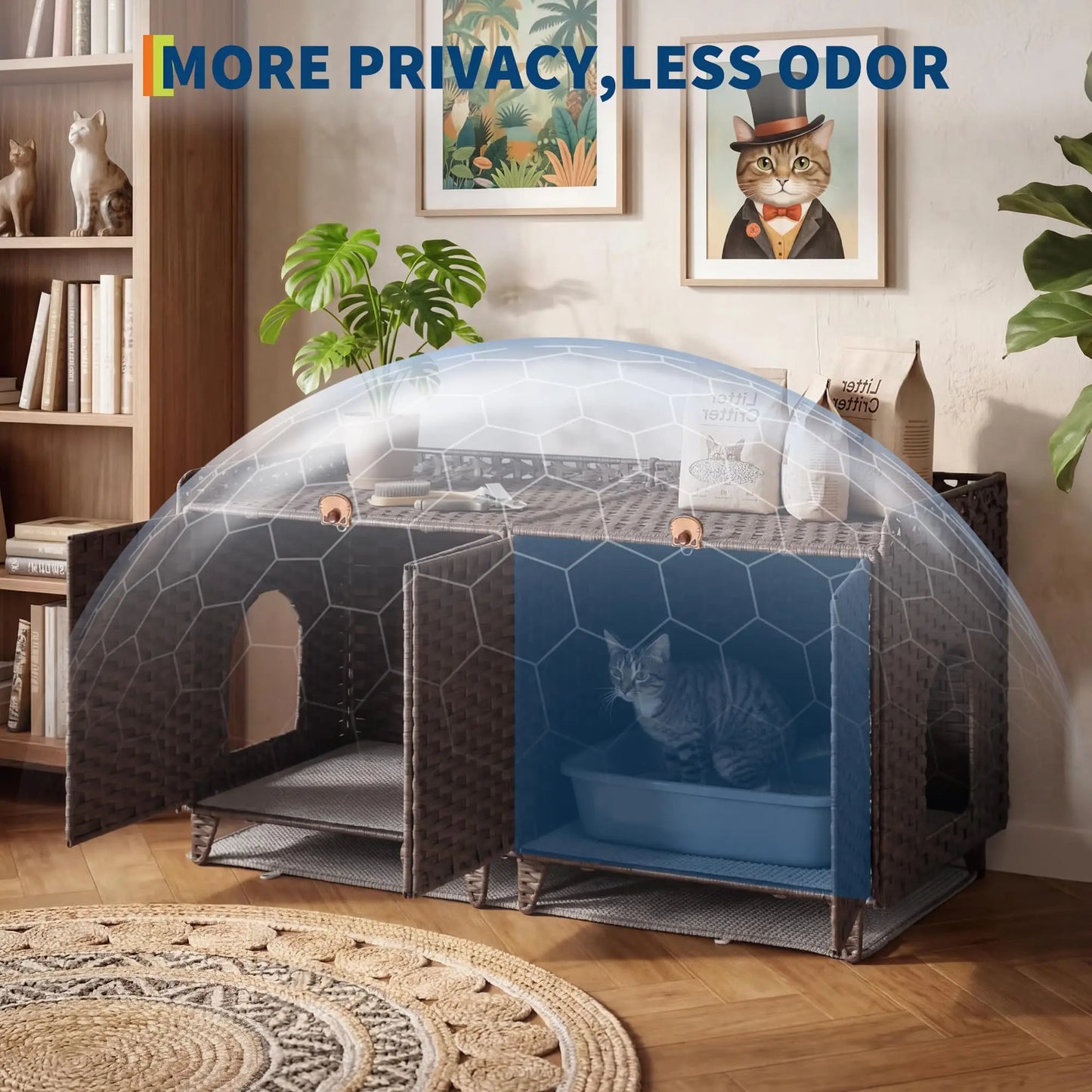 DishyKooker Litter Box Enclosure for Two Cats Rattan Cat Furniture