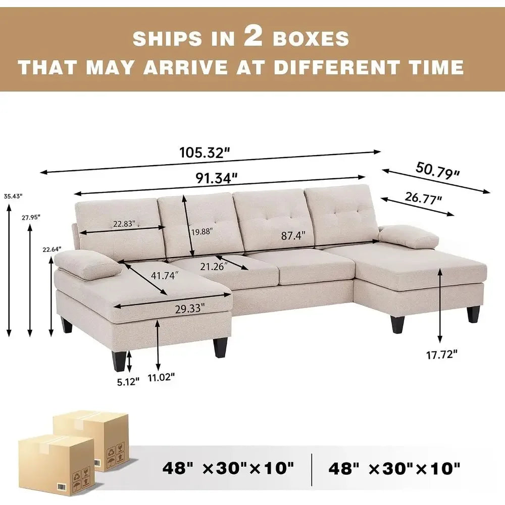 Modern U Shaped Upholstered Sectional Sofa With Double Chaise