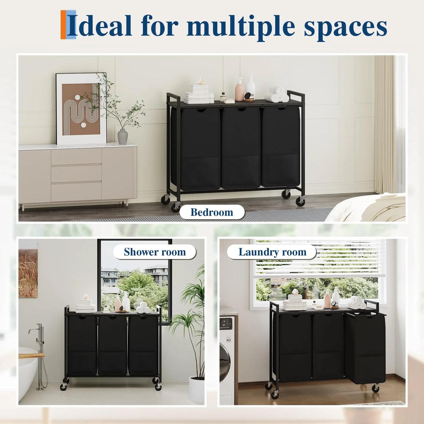 HiMISS Rolling Laundry Hamper With Shelf 3 Section Sorter