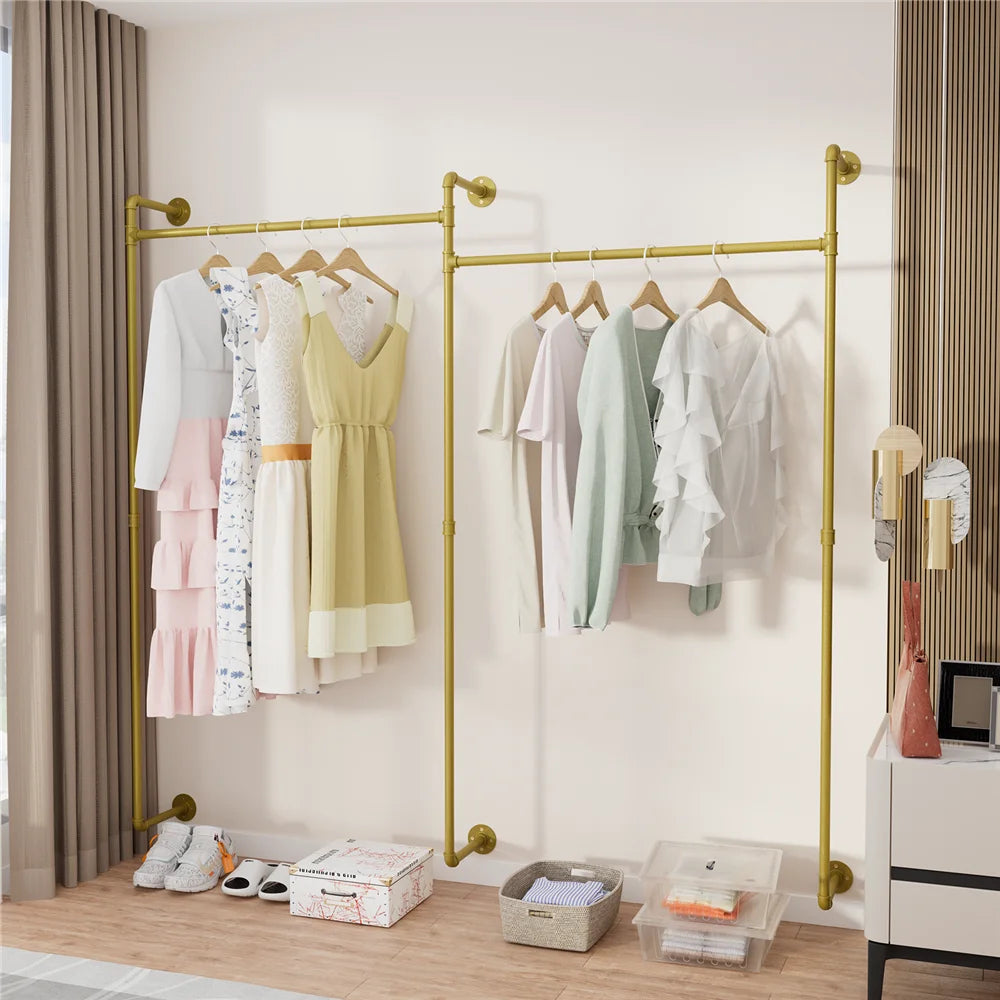 Industrial Pipe Wall Mounted Clothing Rack With Hanging Rods