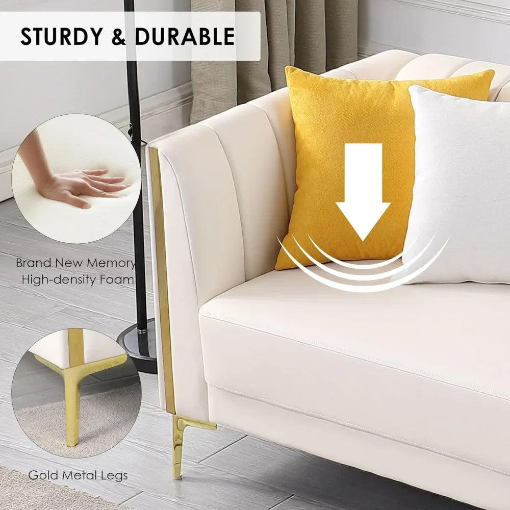 Modern Faux Leather 3 Seater Sofa With Gold Metal Legs